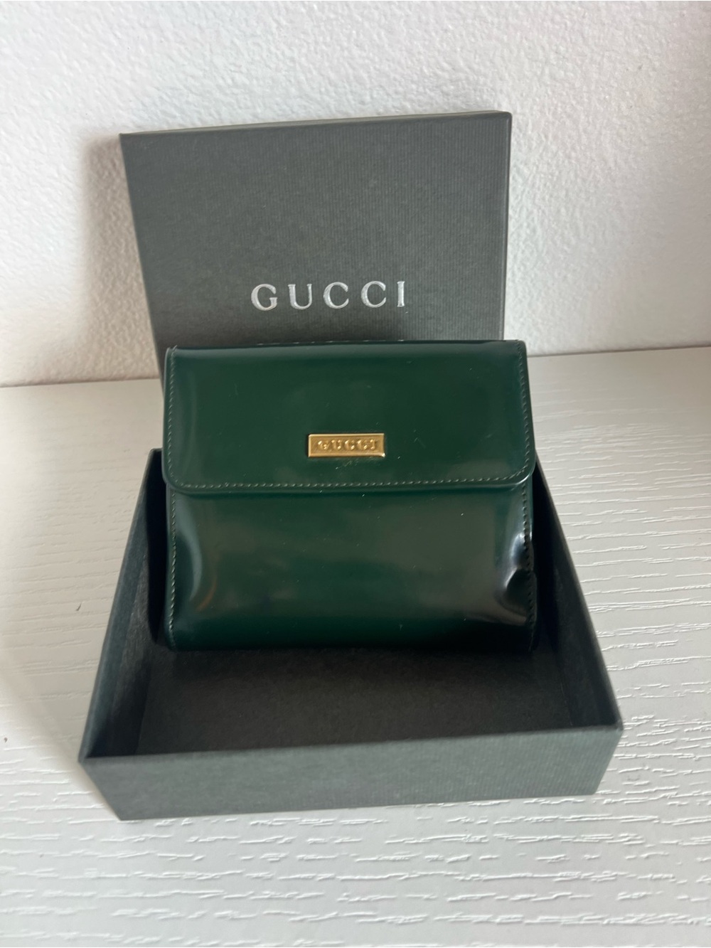 Gucci Dark Green Patent Leather Wallet with Gold Logo Plaque